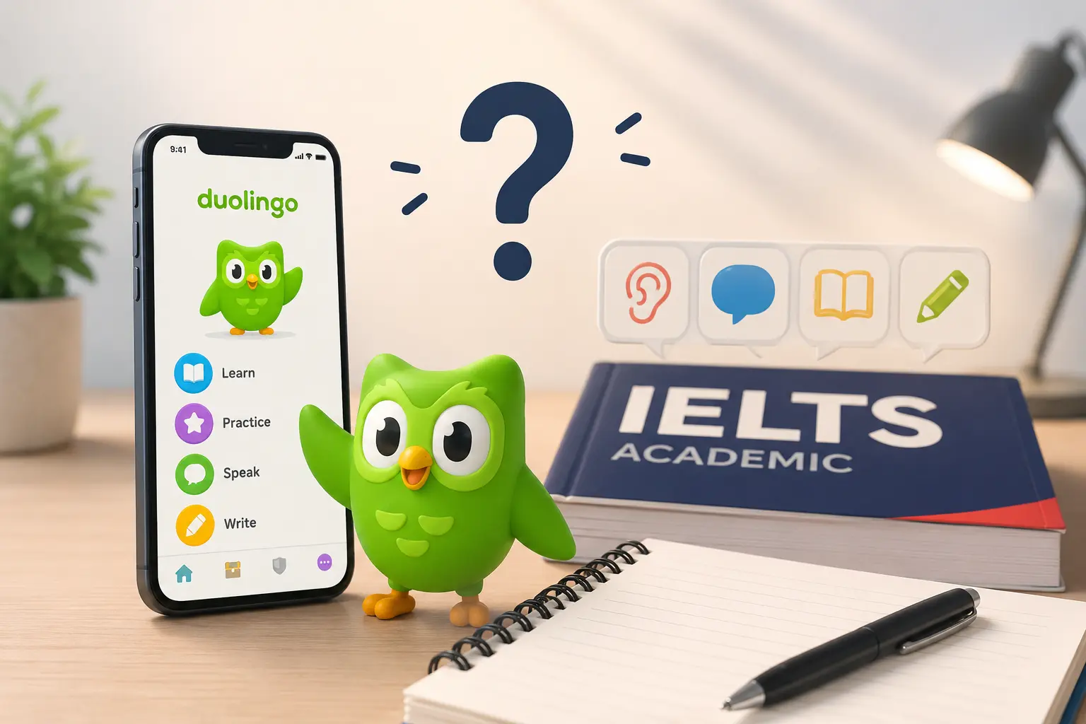 Student using Duolingo app for IELTS exam preparation