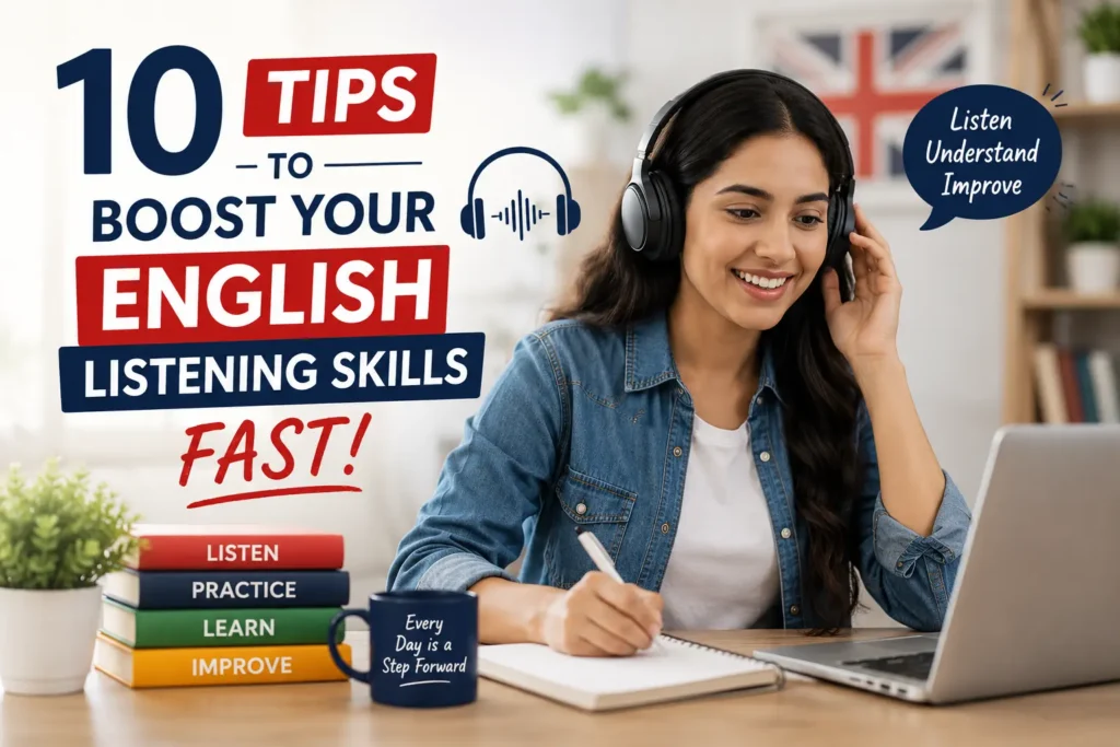 Student improving English listening skills using effective listening practice techniques