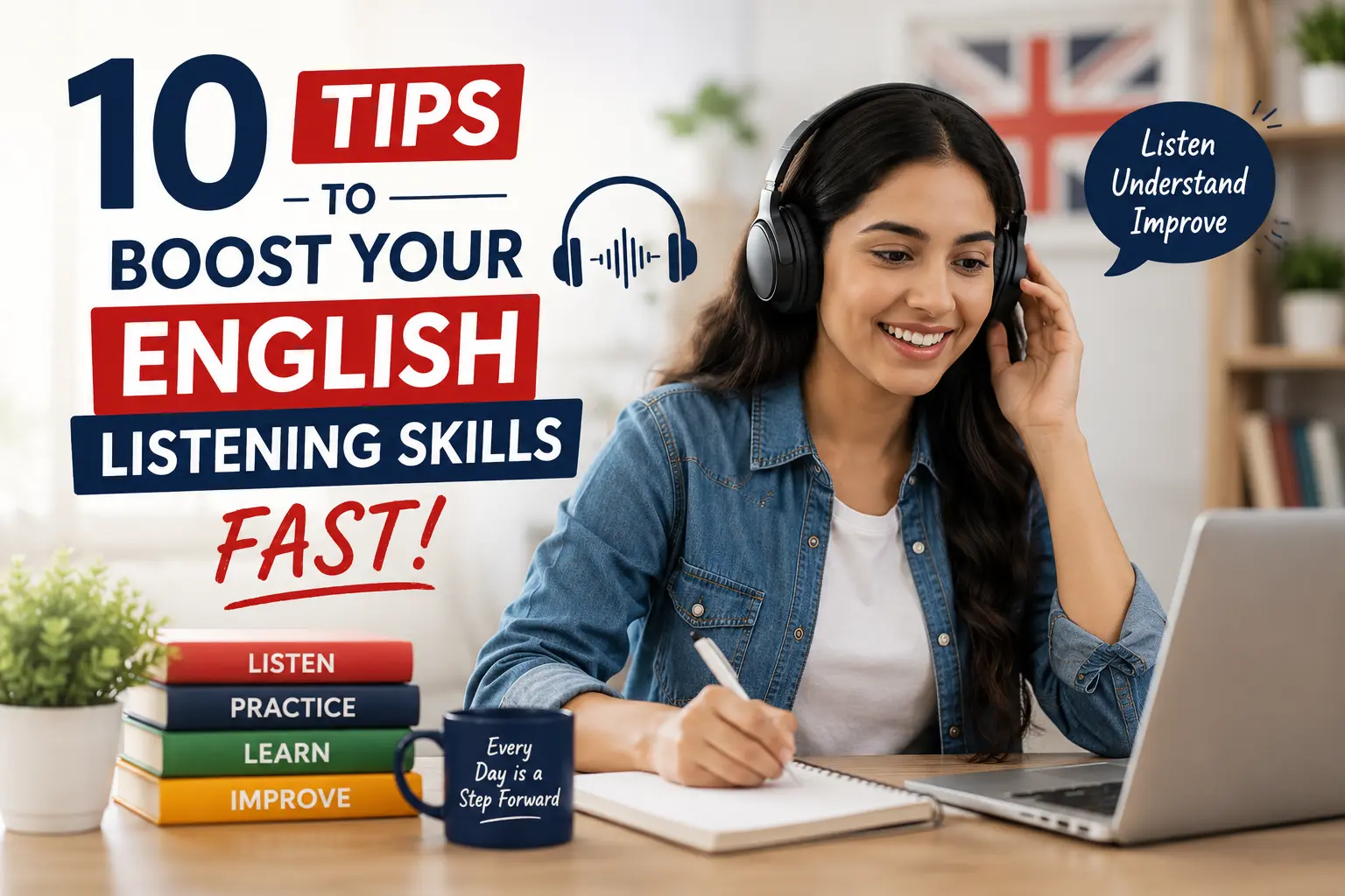 Student improving English listening skills using effective listening practice techniques