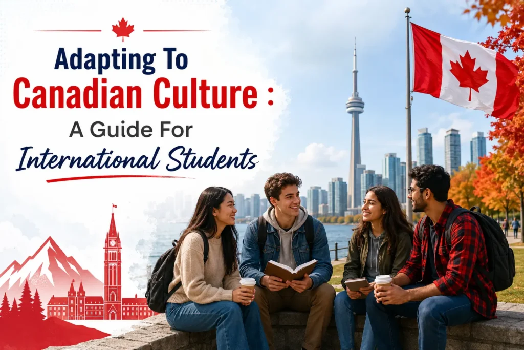 International students adapting to Canadian culture while studying together in Toronto with the CN Tower and Canadian flag in the background.
