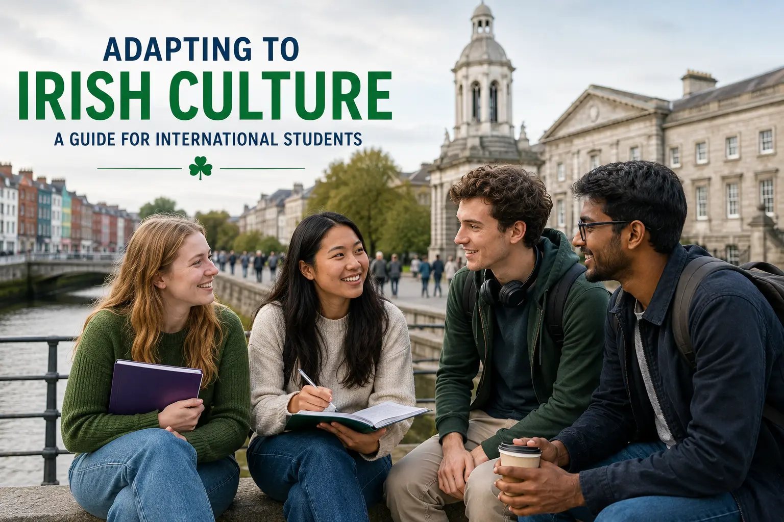 Adapting To Irish Culture: International students studying together at a university campus in Ireland