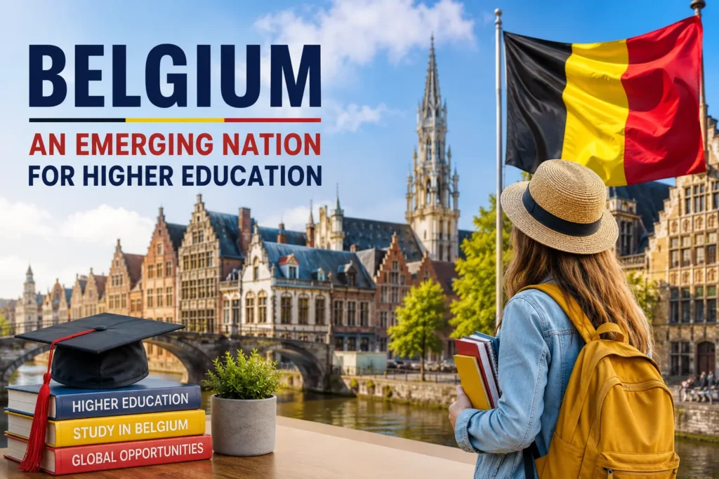 Student studying in Belgium with Belgian flag and historic cityscape representing higher education opportunities in Belgium
