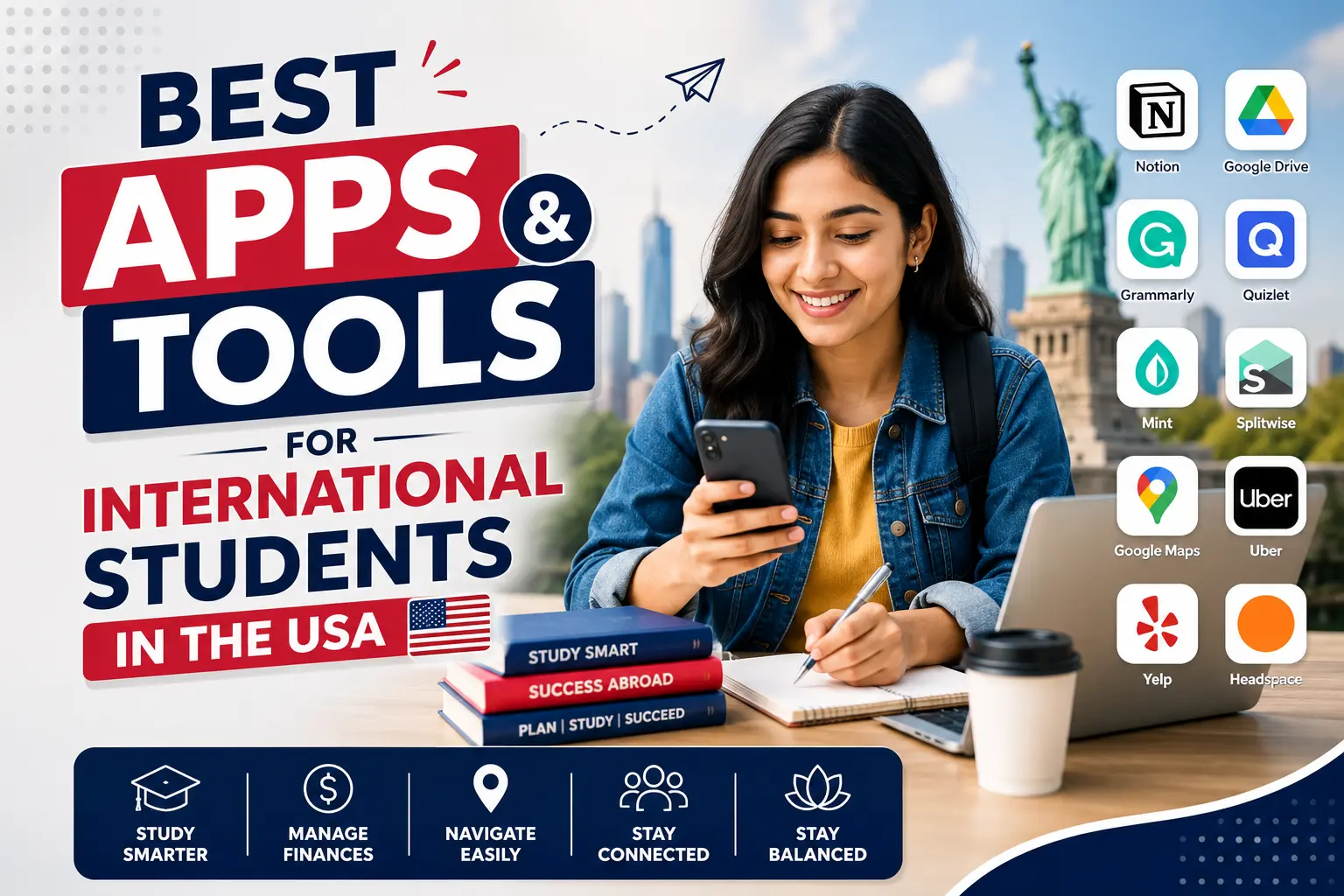 International student in the USA using educational and productivity apps on a smartphone and laptop, highlighting essential tools for studying, managing finances, navigation, and daily life.