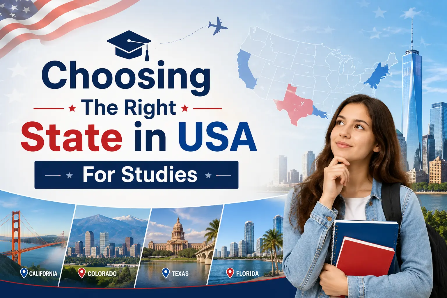 Student choosing the right state in USA for higher education with map of America and major study destinations including California, Colorado, Texas and Florida.