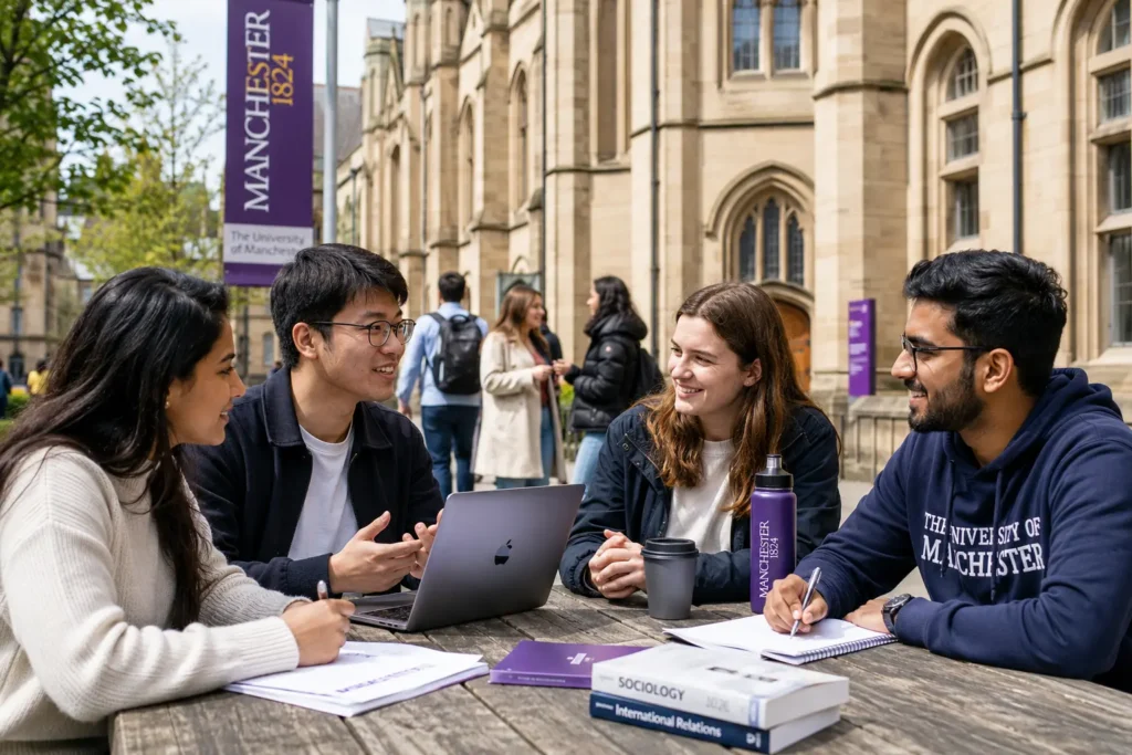 International students networking and studying together on a UK university campus