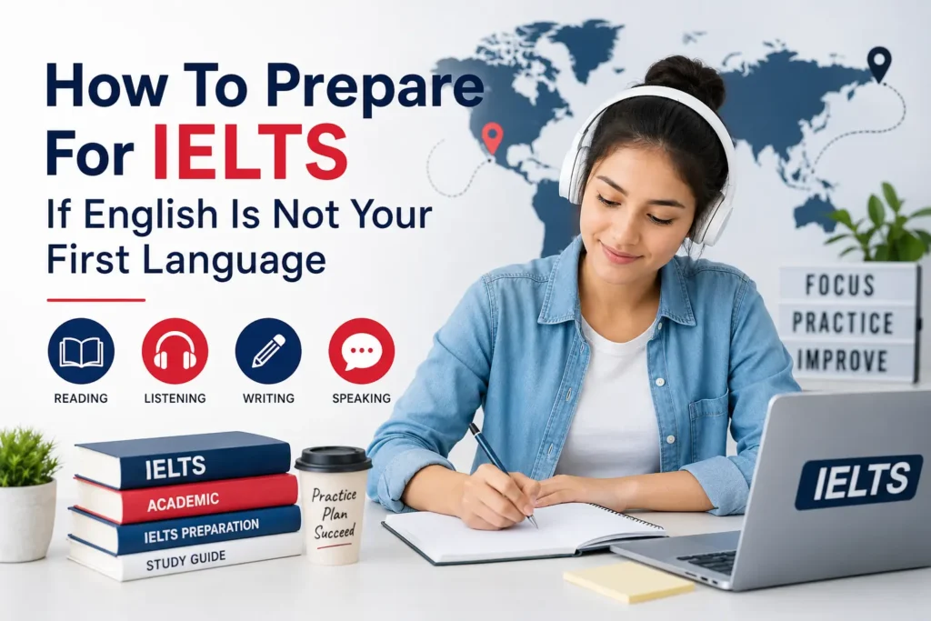 How To Prepare For IELTS If English Is Not Your First Language – Student studying for IELTS exam with books, laptop, headphones, and world map background.
