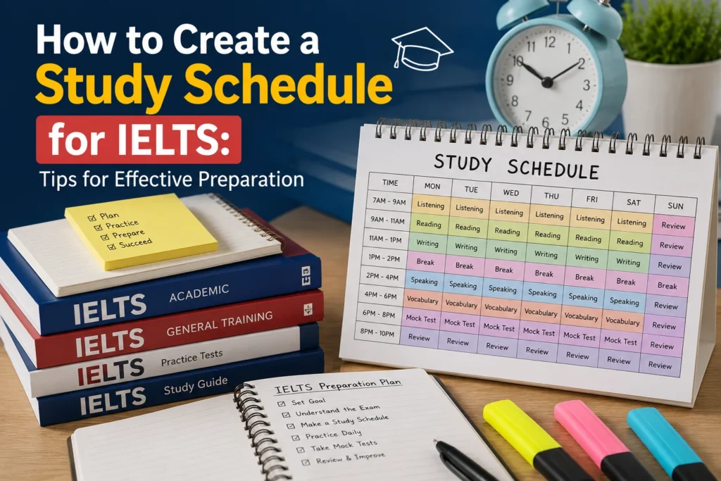 Student study schedule for IELTS preparation with books, planner, and study materials