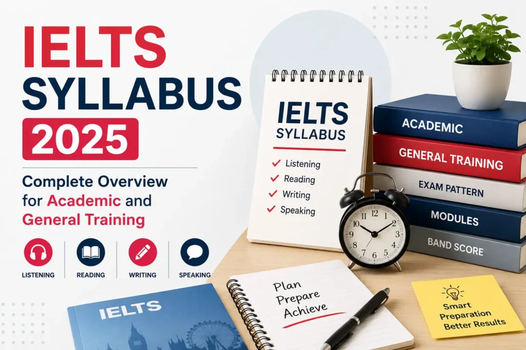 IELTS Syllabus 2025 overview for Academic and General Training including Listening, Reading, Writing, and Speaking modules