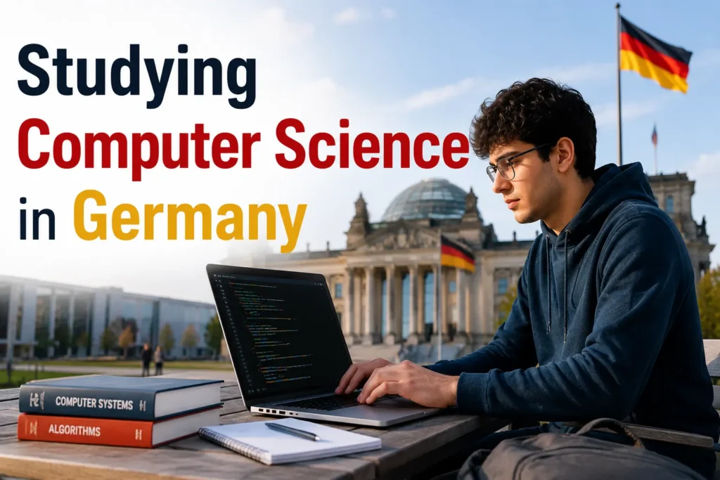 Student studying Computer Science in Germany using a laptop at a German university campus