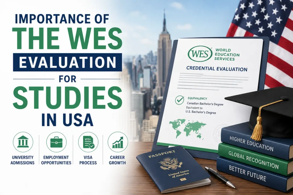 Importance of the WES Evaluation for Studies in USA – WES credential evaluation document with USA flag, graduation cap, passport, and university admission concept.