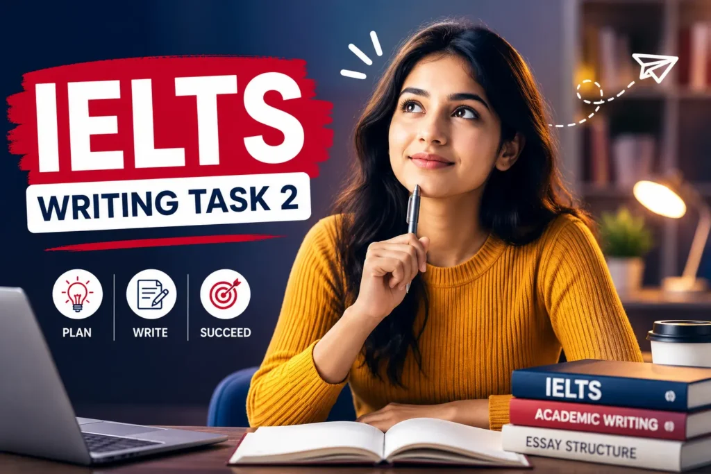 Student preparing for IELTS Writing Task 2 with study materials and writing strategies for achieving a high band score