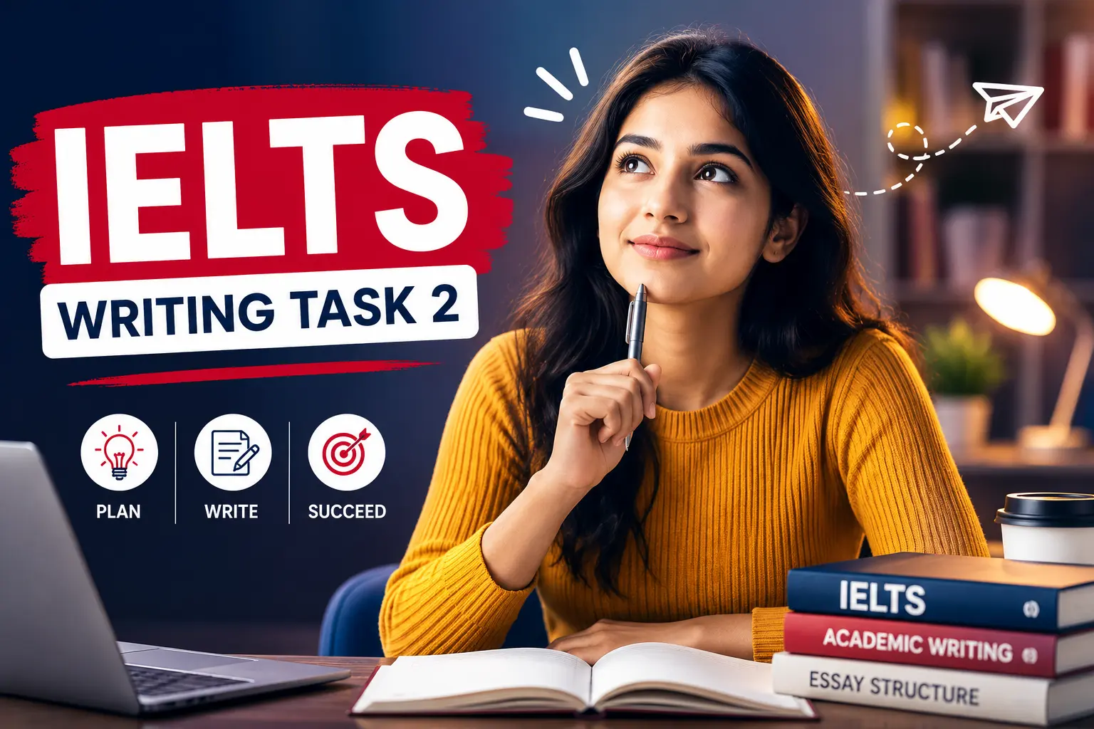 Student preparing for IELTS Writing Task 2 with study materials and writing strategies for achieving a high band score