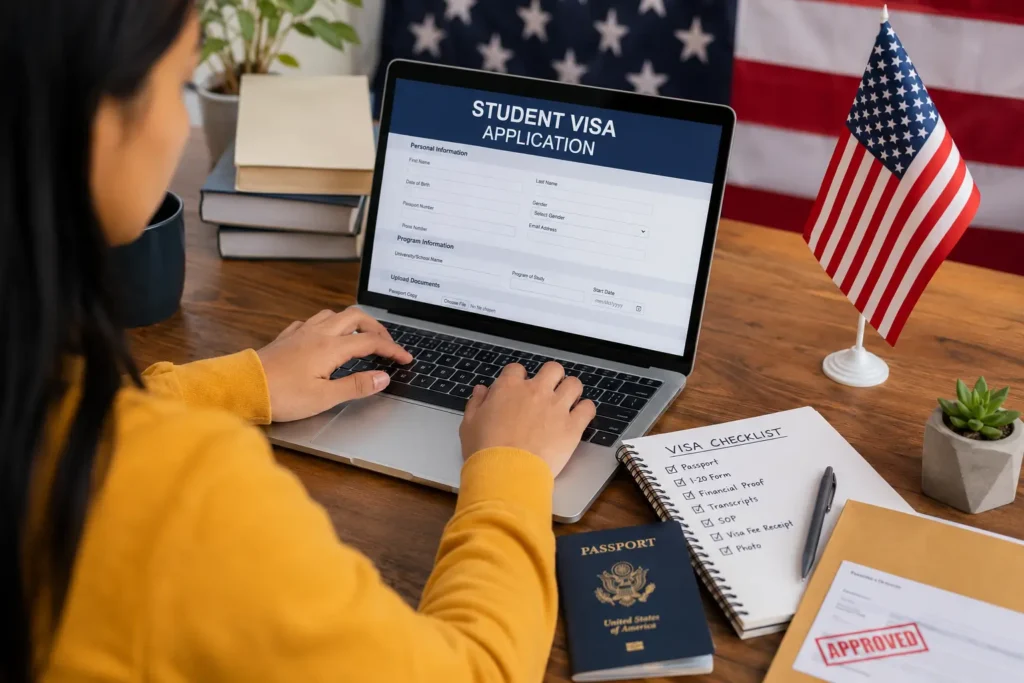 Mastering the US Student Visa Application – Student preparing documents for a successful USA student visa application