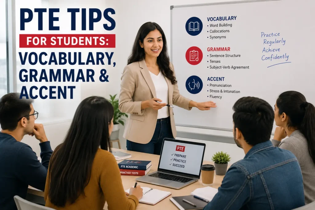 PTE trainer teaching students vocabulary, grammar, and accent improvement techniques for PTE exam success