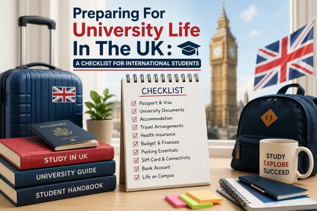 International students preparing for university life in the UK with study checklist, passport, luggage, and university essentials