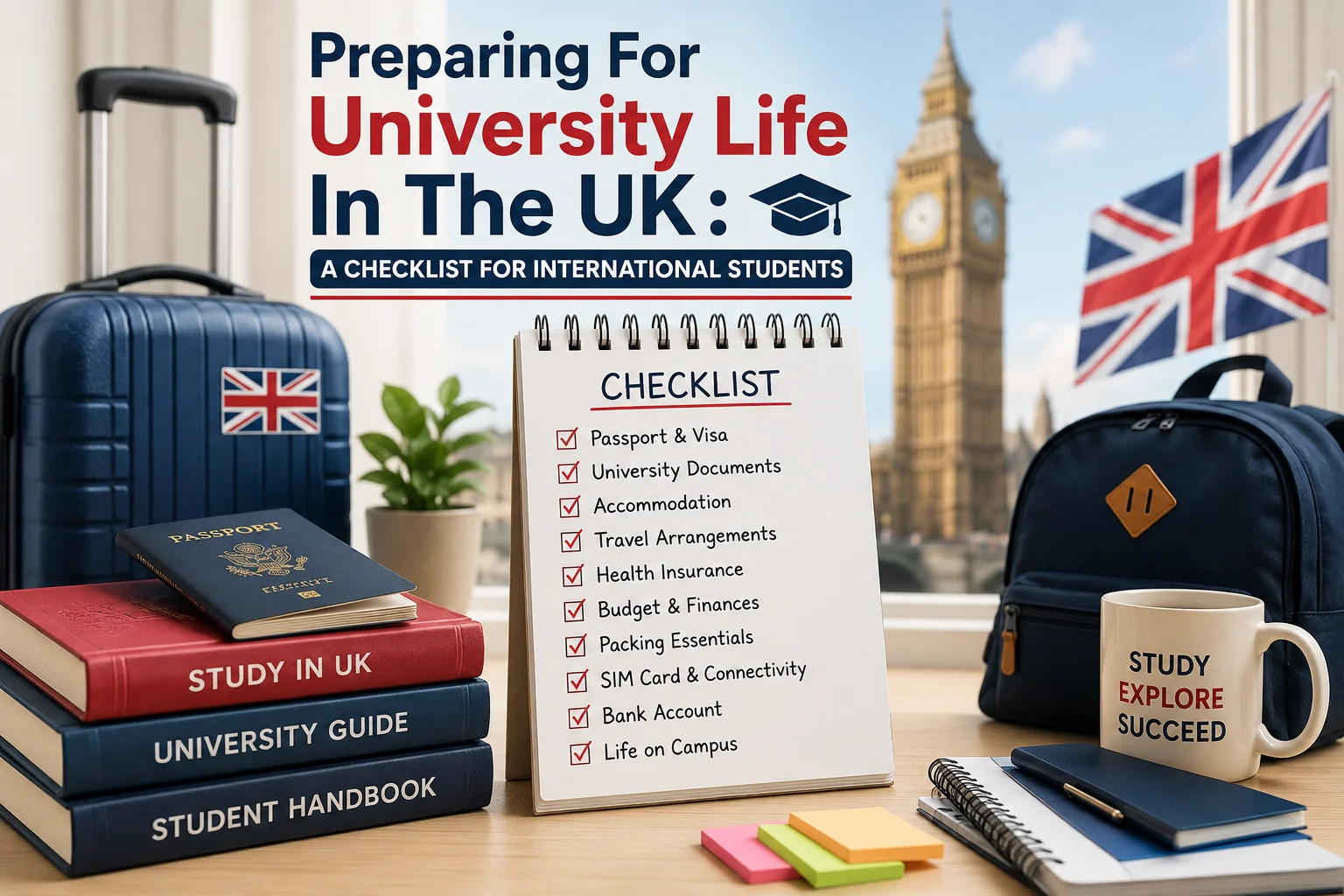 International students preparing for university life in the UK with study checklist, passport, luggage, and university essentials
