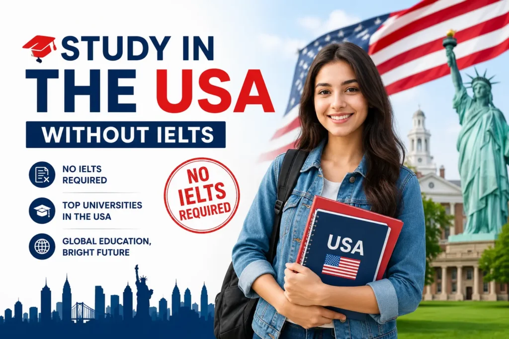 Study in The USA Without IELTS – Indian Student with USA Flag and University Campus