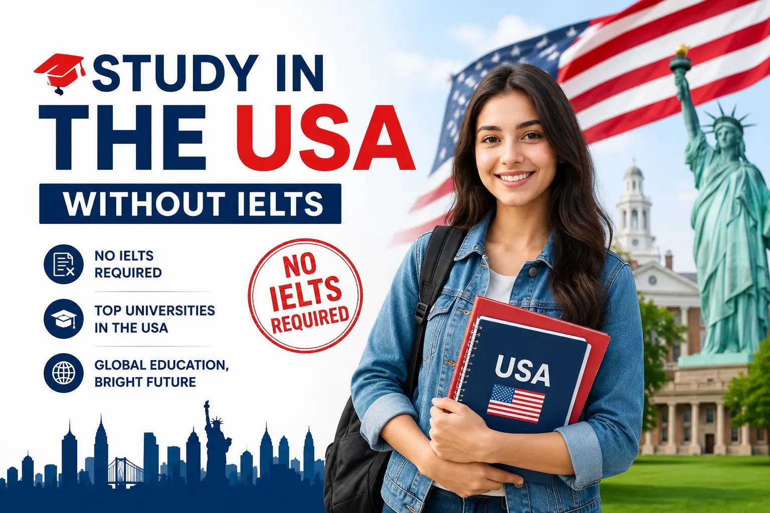 Study in The USA Without IELTS – Indian Student with USA Flag and University Campus