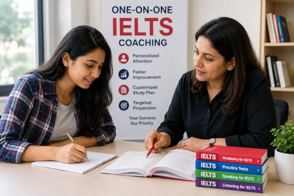 One-on-one IELTS coaching session with a tutor helping a student prepare for the IELTS exam in a classroom setting.