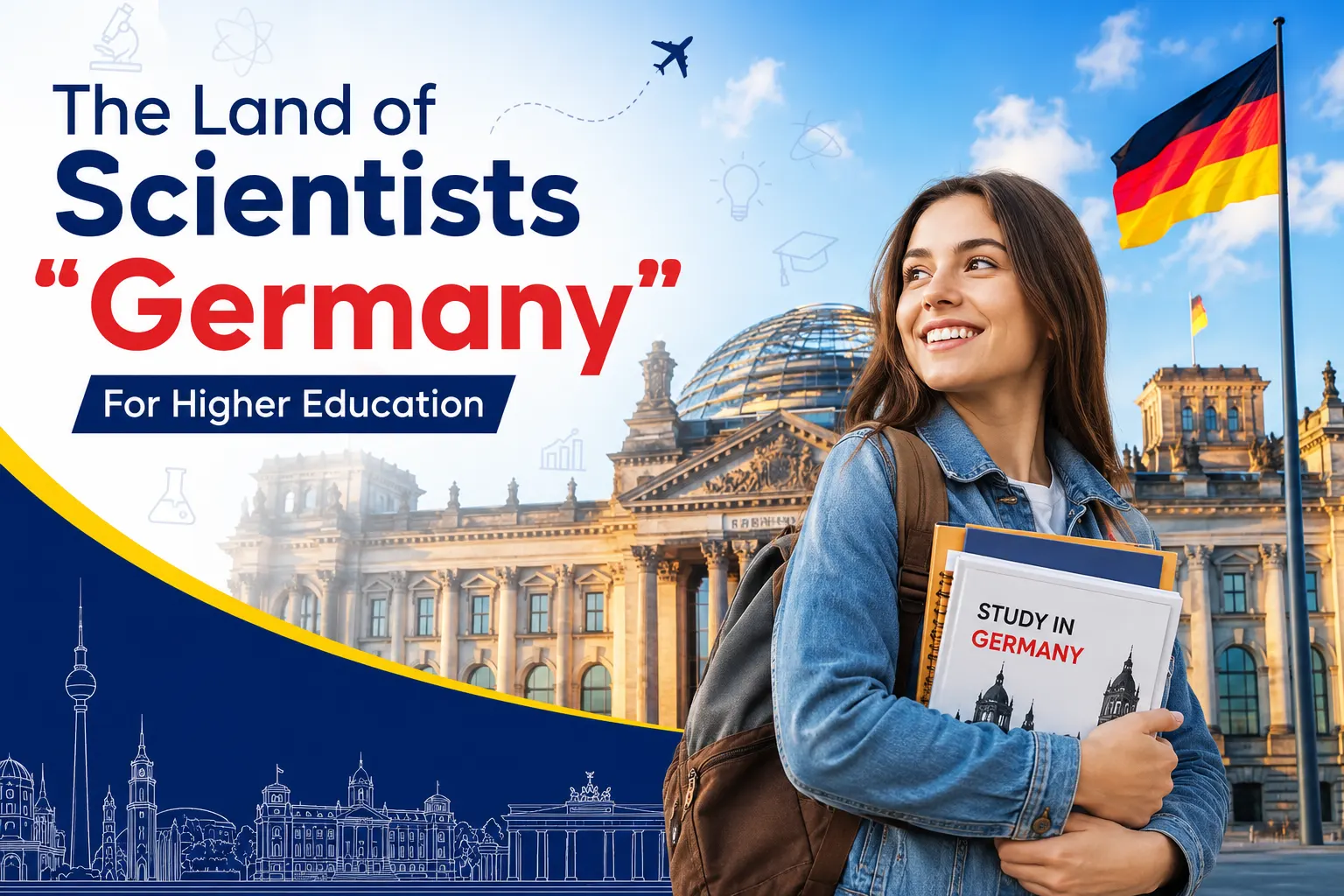 The Land of Scientists Germany for Higher Education – Student in front of the German Parliament and national flag