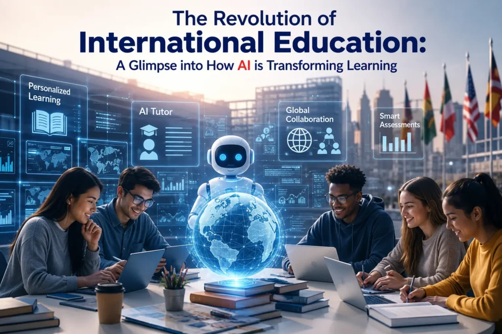 The Revolution of International Education: AI transforming global learning with diverse international students, digital technology, virtual AI tutor, and smart education tools.