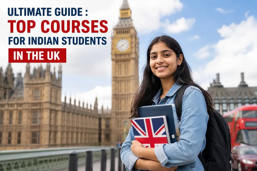 Indian student in London with books near Big Ben representing top courses for Indian students in the UK
