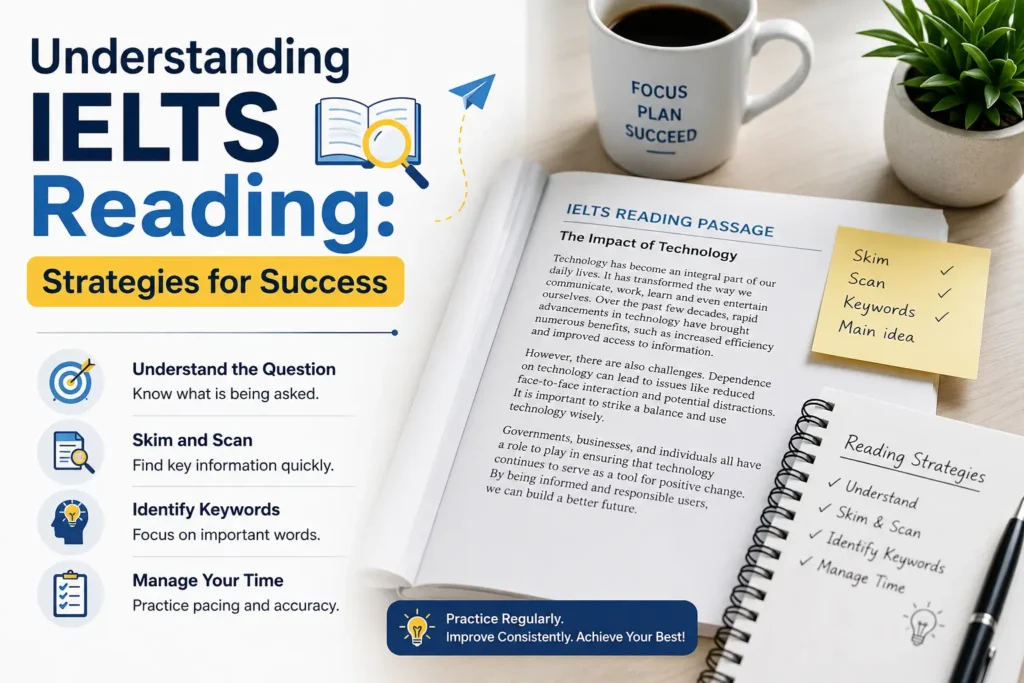 Understanding IELTS Reading: Strategies for Success infographic with IELTS reading tips including skimming, scanning, keyword identification, and time management.