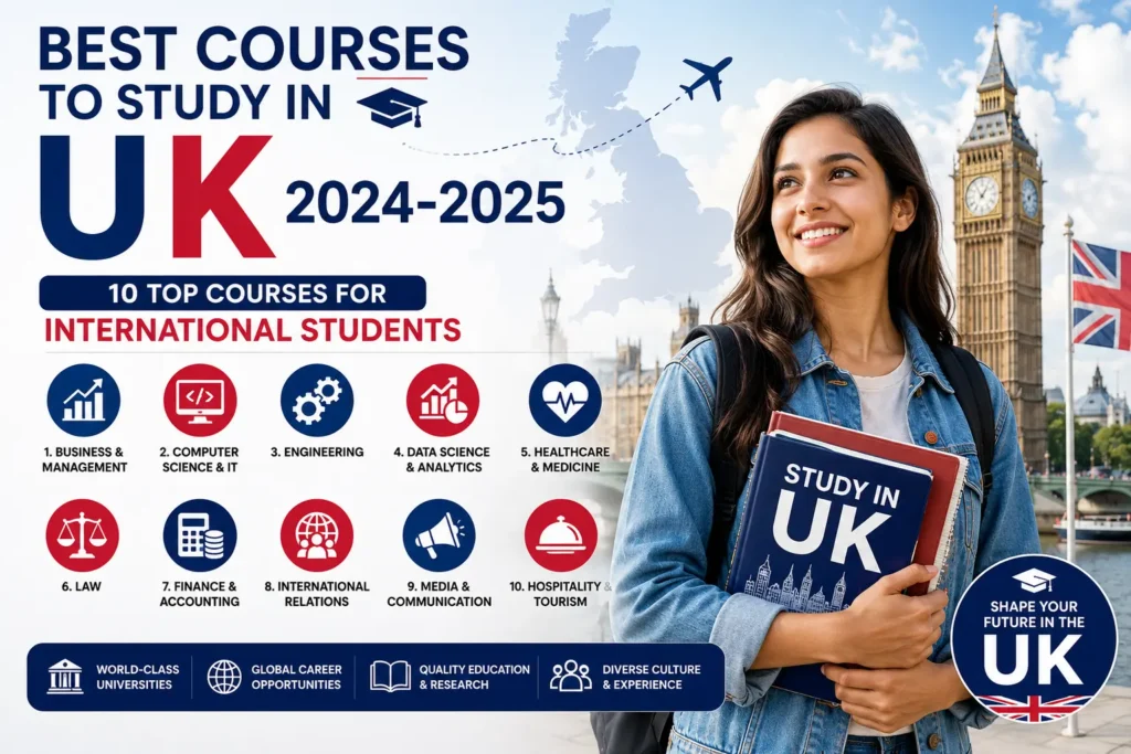Best courses to study in the UK 2024–2025 for international students featuring top UK universities and career-focused degree programs.
