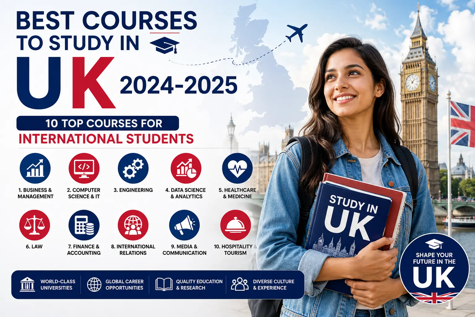 Best courses to study in the UK 2024–2025 for international students featuring top UK universities and career-focused degree programs.
