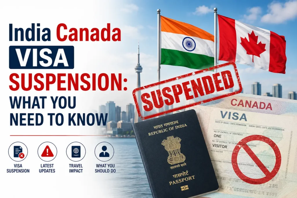 India Canada visa suspension with Indian and Canadian flags, passport, and visa concept image