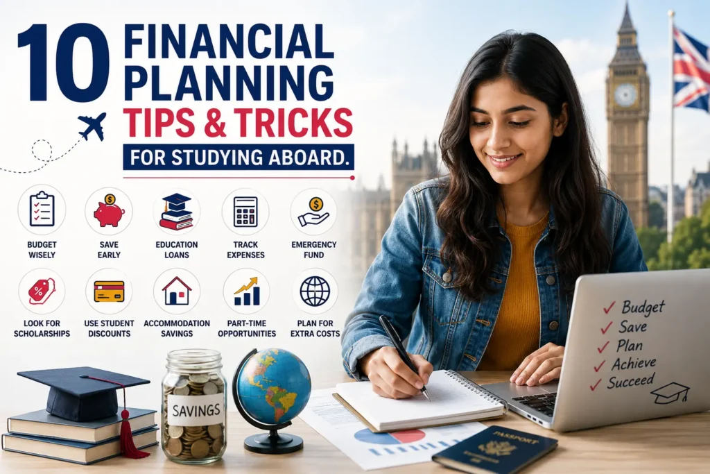 10 Financial Planning Tips & Tricks for Studying Abroad – Student budgeting expenses for international education with savings, calculator, and UK landmarks