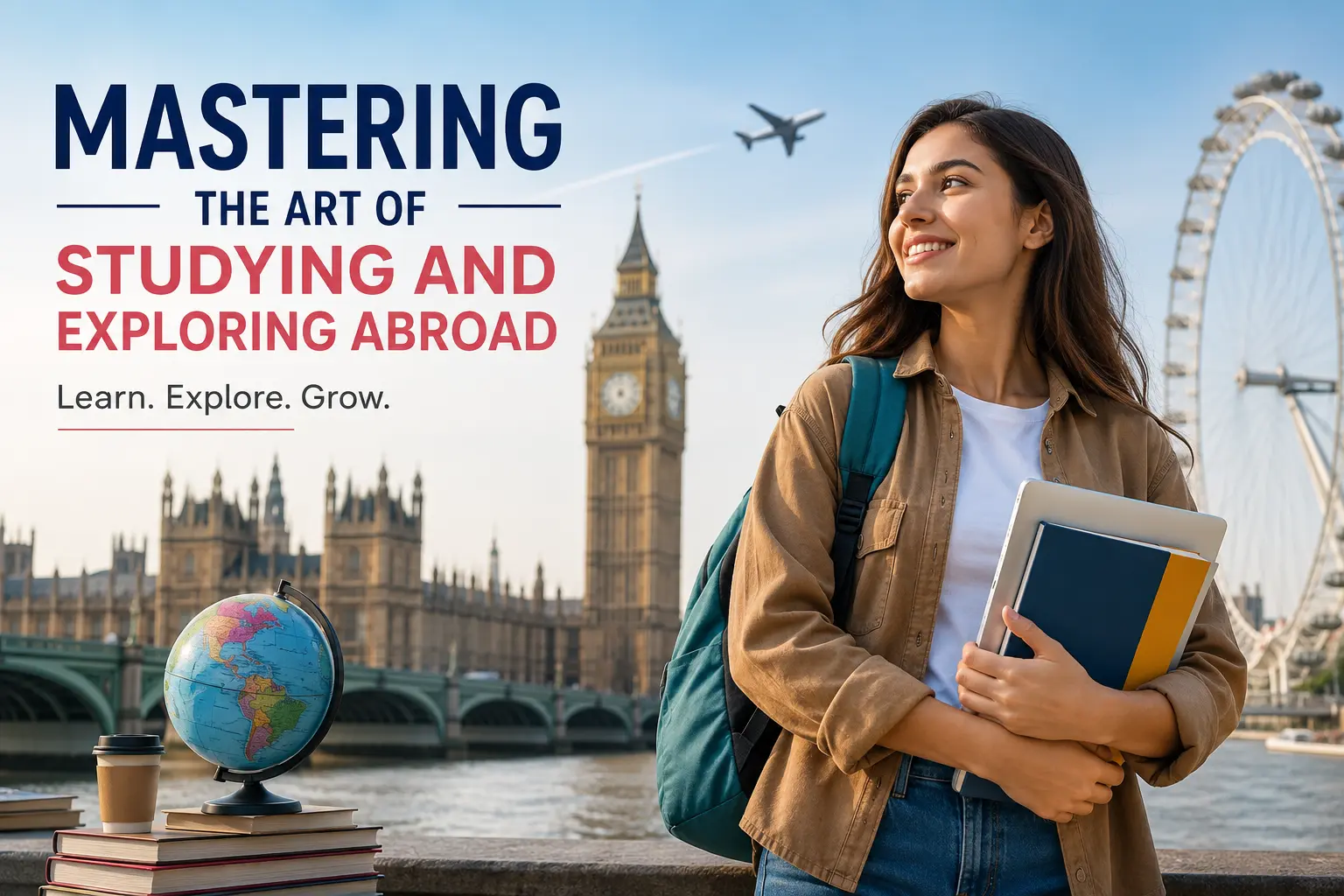 Mastering the Art of Studying and Exploring Abroad – Student studying abroad in the UK with books, backpack, and London landmarks