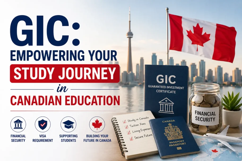 Guaranteed Investment Certificate (GIC) for studying in Canada with Canadian passport, financial savings, and education concept