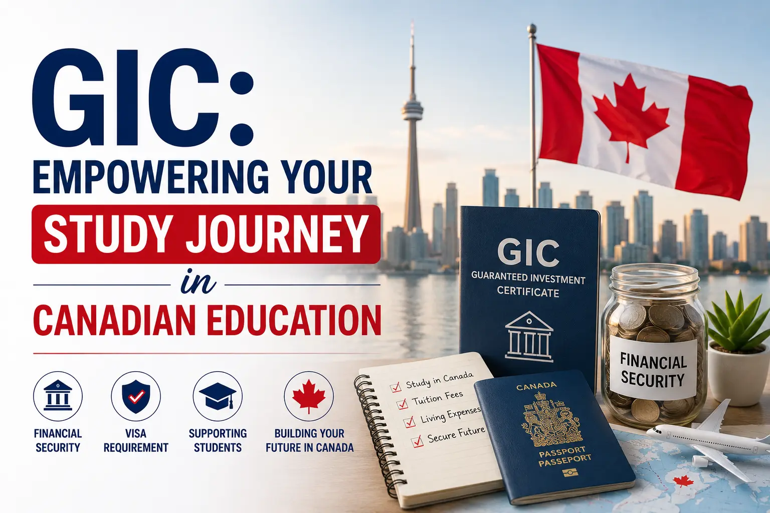 Guaranteed Investment Certificate (GIC) for studying in Canada with Canadian passport, financial savings, and education concept