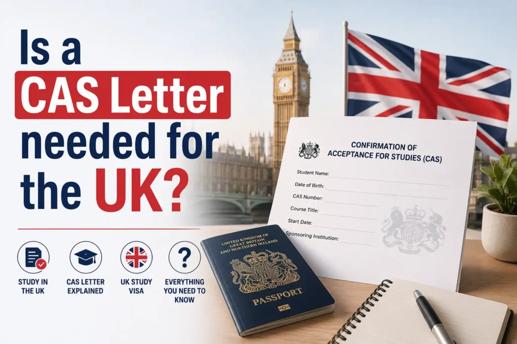 CAS Letter for UK student visa with UK passport, Big Ben, and Confirmation of Acceptance for Studies document