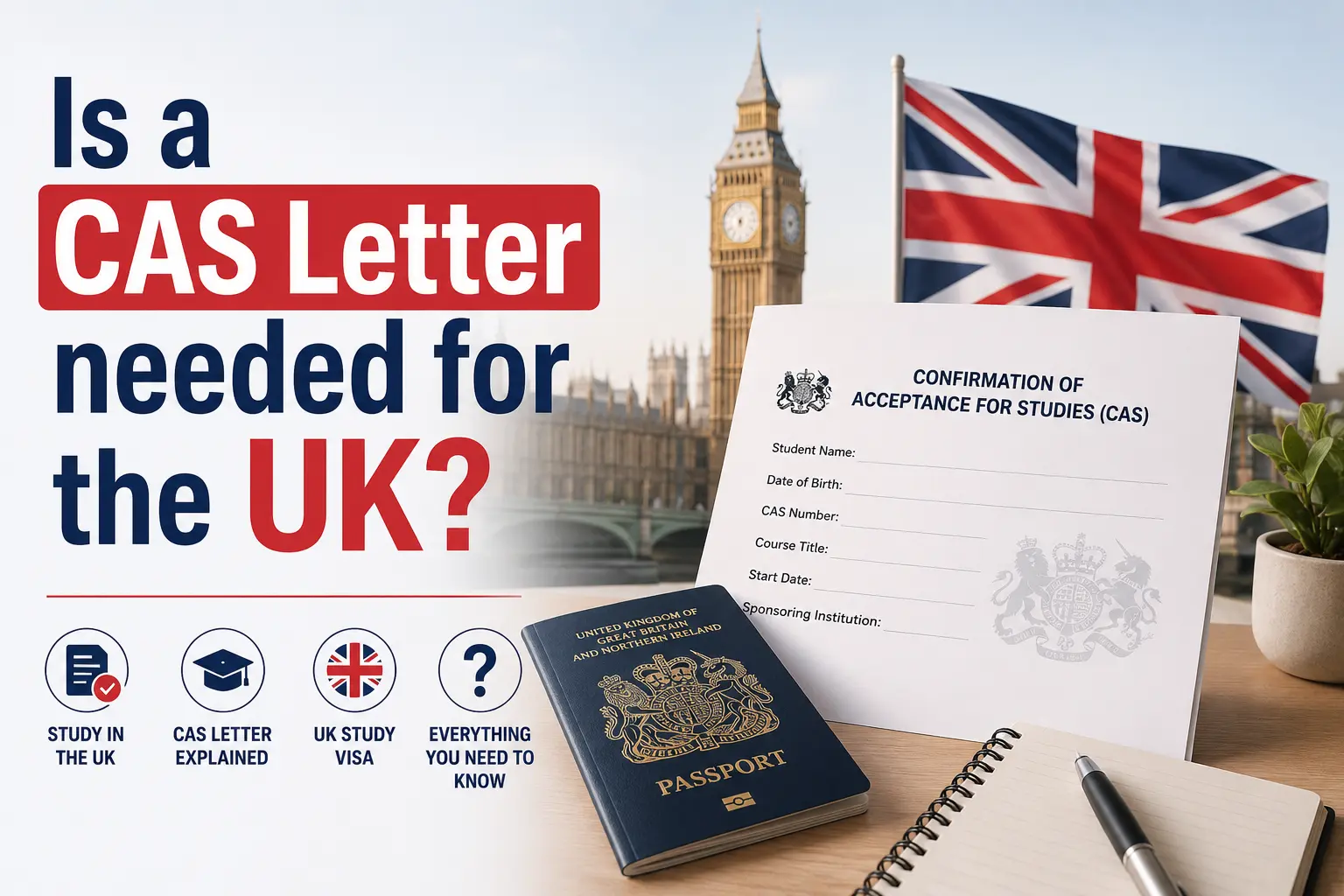 CAS Letter for UK student visa with UK passport, Big Ben, and Confirmation of Acceptance for Studies document