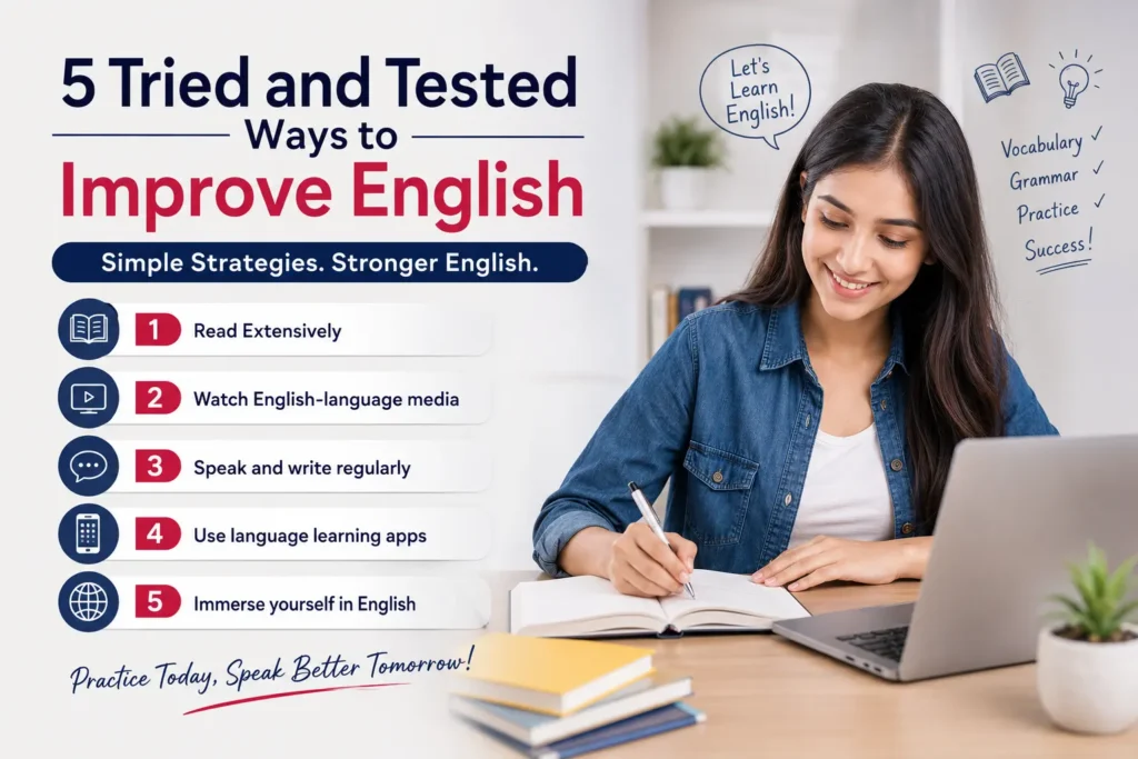 5 Tried and Tested Ways to Improve English – Student learning English with reading, speaking, writing, language apps, and English media