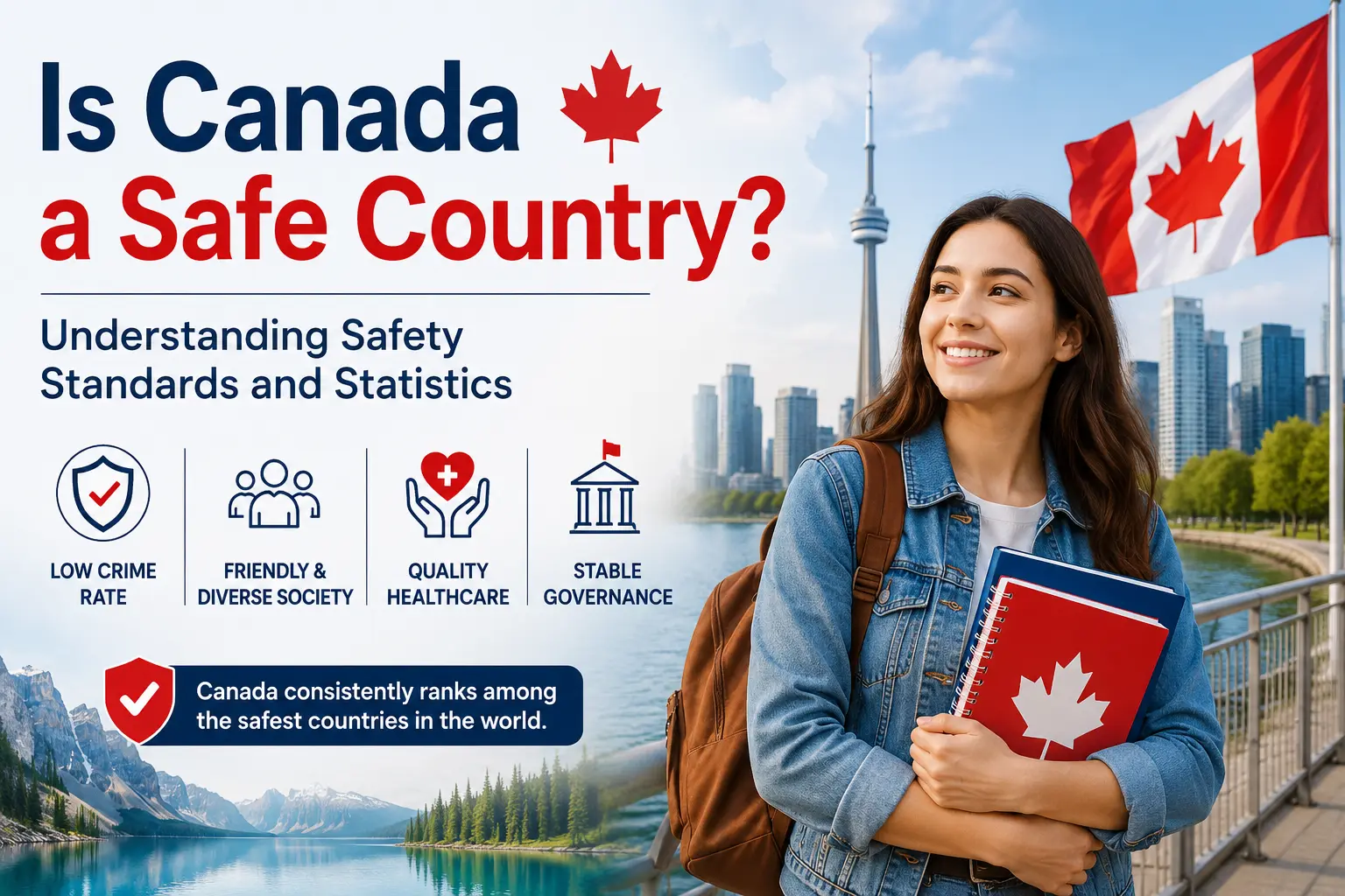 Is Canada a Safe Country? Understanding Safety Standards and Statistics with Canadian flag, skyline, and international student