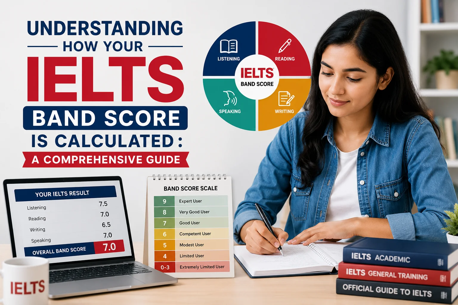 Student preparing for IELTS exam with band score chart explaining how IELTS band scores are calculated