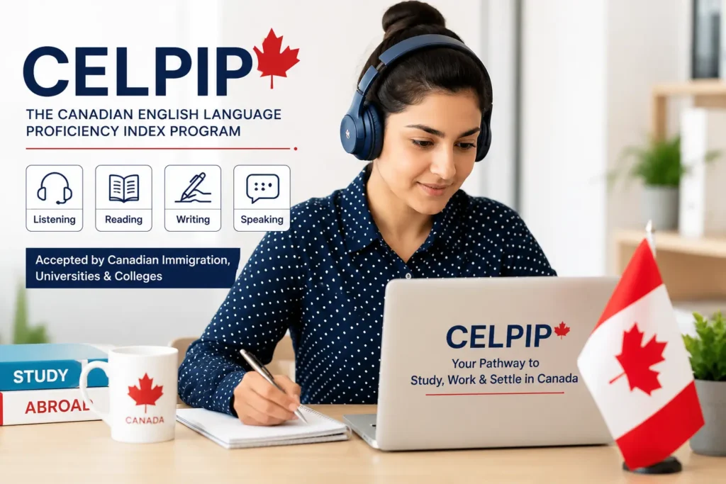 Student preparing for the CELPIP exam on a laptop with Canadian flag and study materials