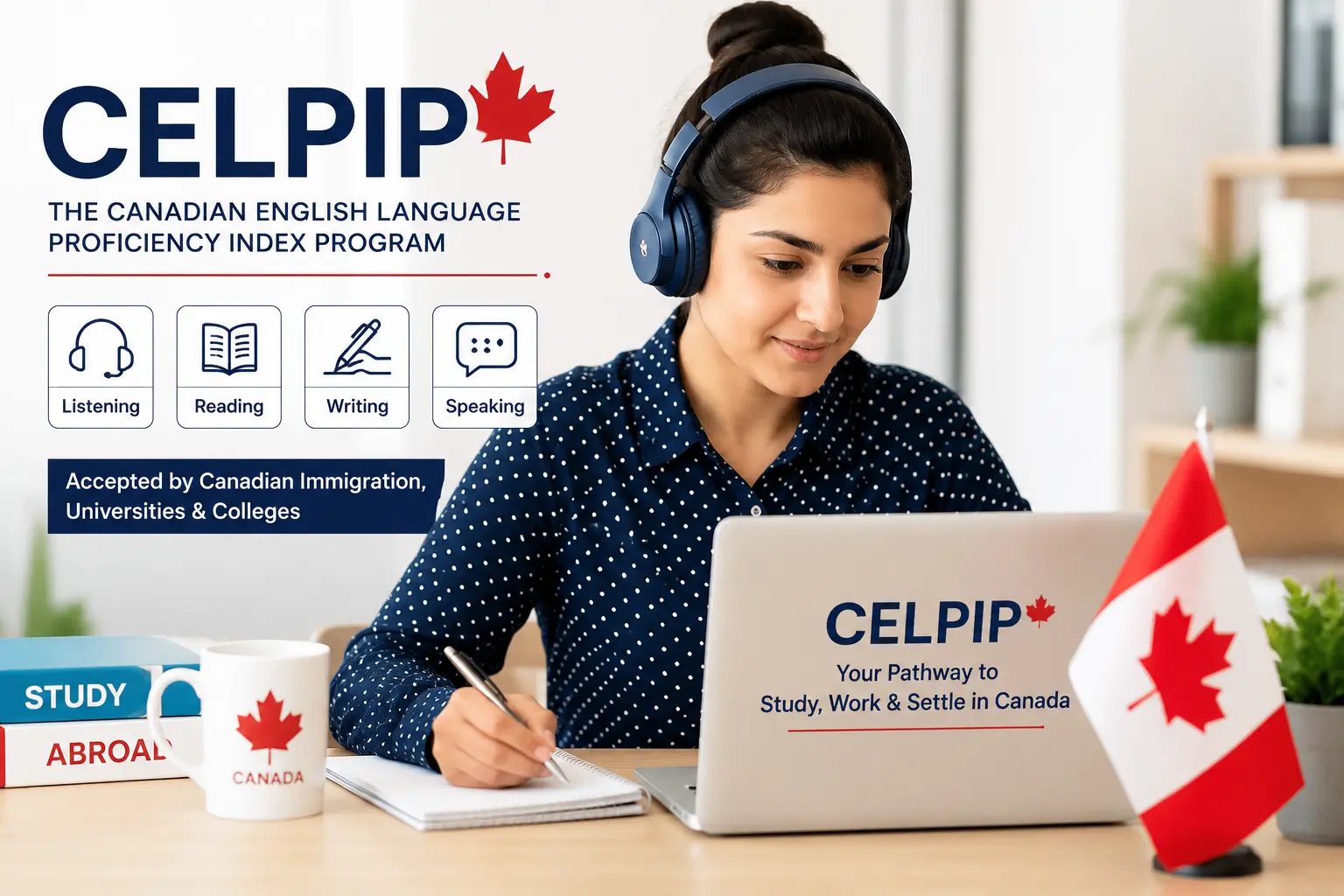Student preparing for the CELPIP exam on a laptop with Canadian flag and study materials