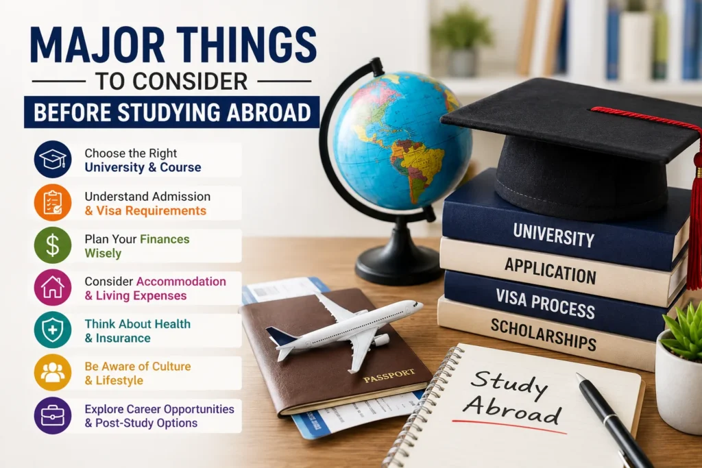 Major Things to Consider Before Studying Abroad including university selection, visa process, scholarships, accommodation and finances