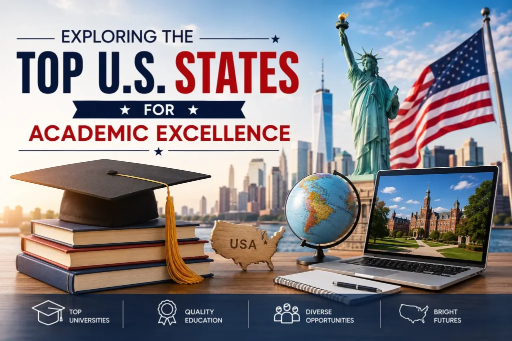 Exploring the Top U.S. States for Academic Excellence featuring top universities, U.S. education, Statue of Liberty, graduation cap, and study abroad opportunities