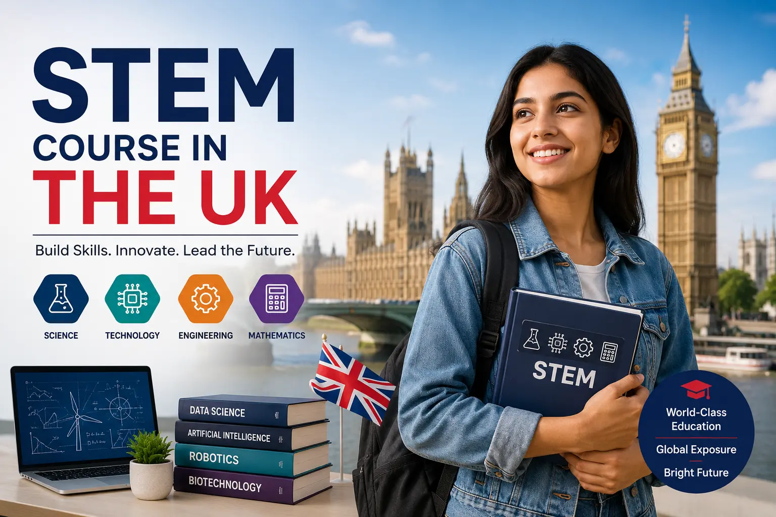 STEM course in the UK with student, Big Ben, and science, technology, engineering, and mathematics education