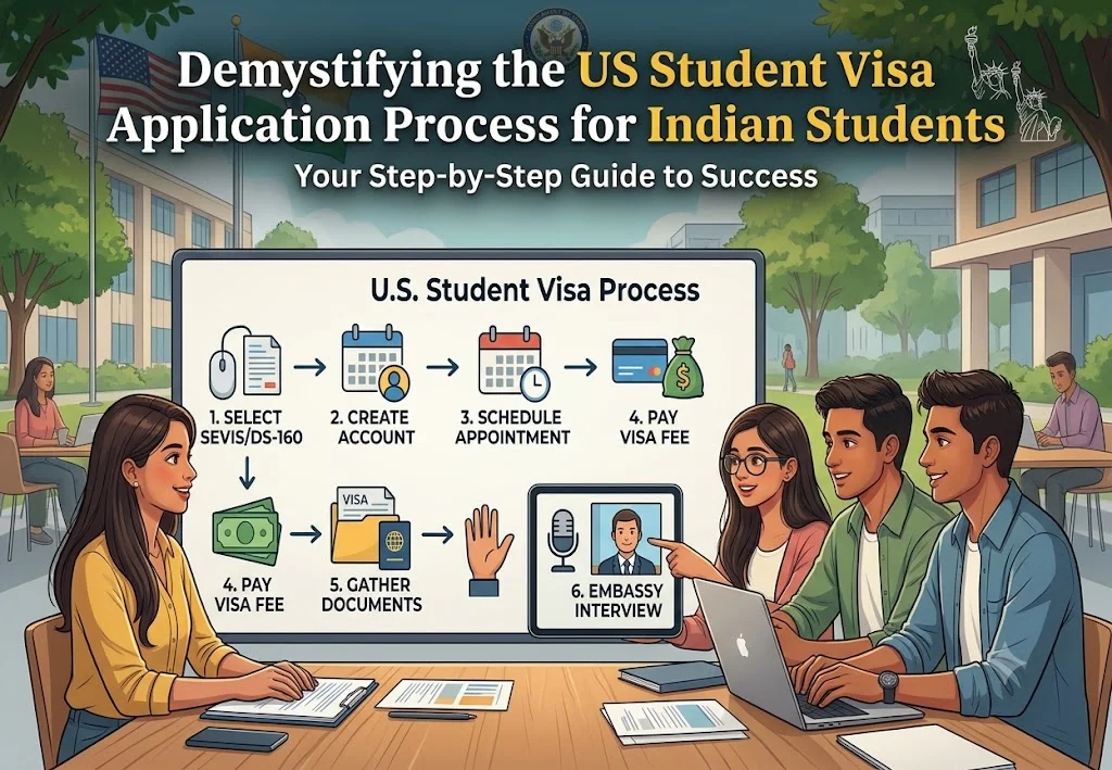 Indian student attending a U.S. student visa interview with passport, visa documents, and university admission papers, representing the US student visa application process.