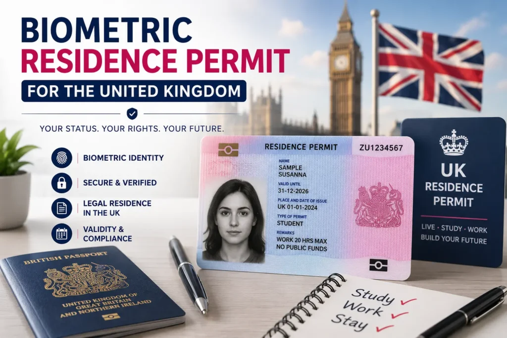 Biometric Residence Permit for the United Kingdom featuring UK residence permit, British passport, student visa, and immigration documents