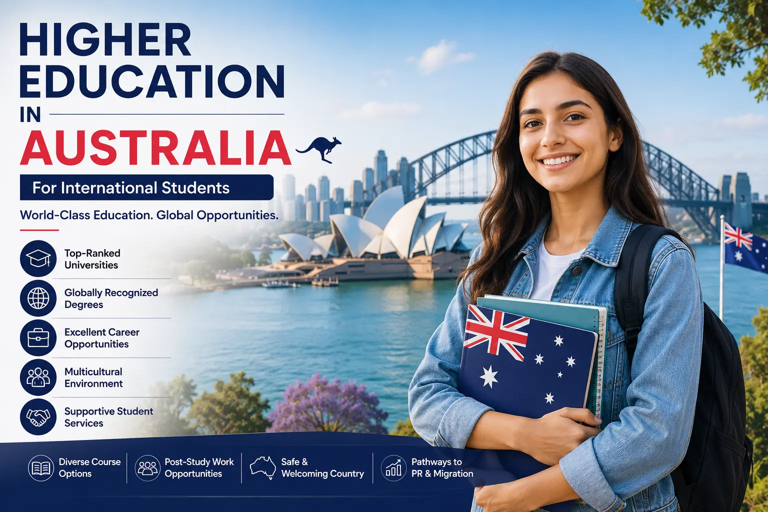 Higher Education in Australia for International Students featuring Sydney Opera House, Harbour Bridge, and a student studying abroad