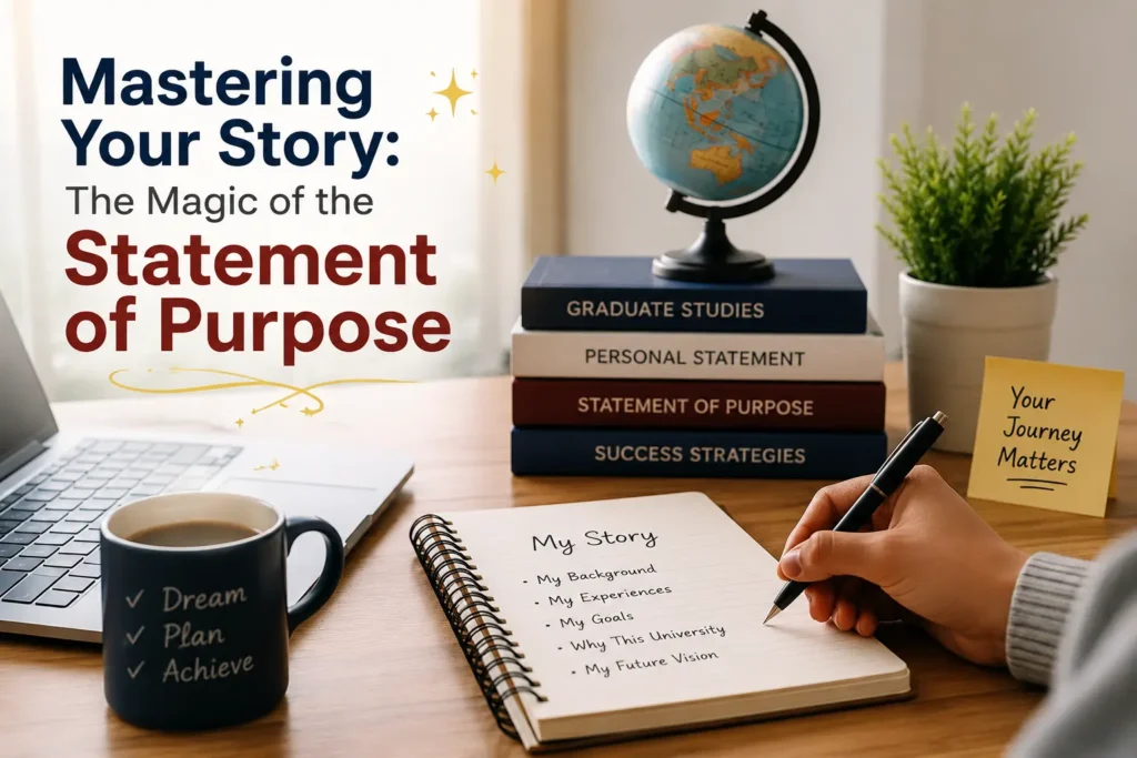 Student writing a Statement of Purpose (SOP) for university admission on a study desk