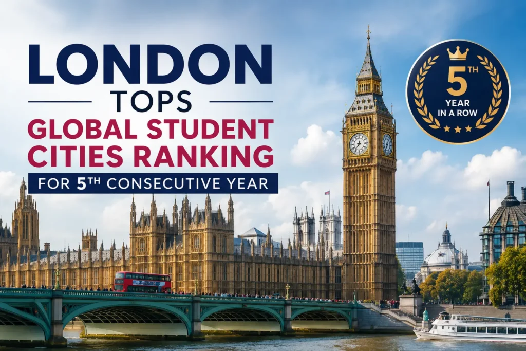 London tops Global Student Cities Ranking for the 5th consecutive year with Big Ben and the Houses of Parliament in the background.