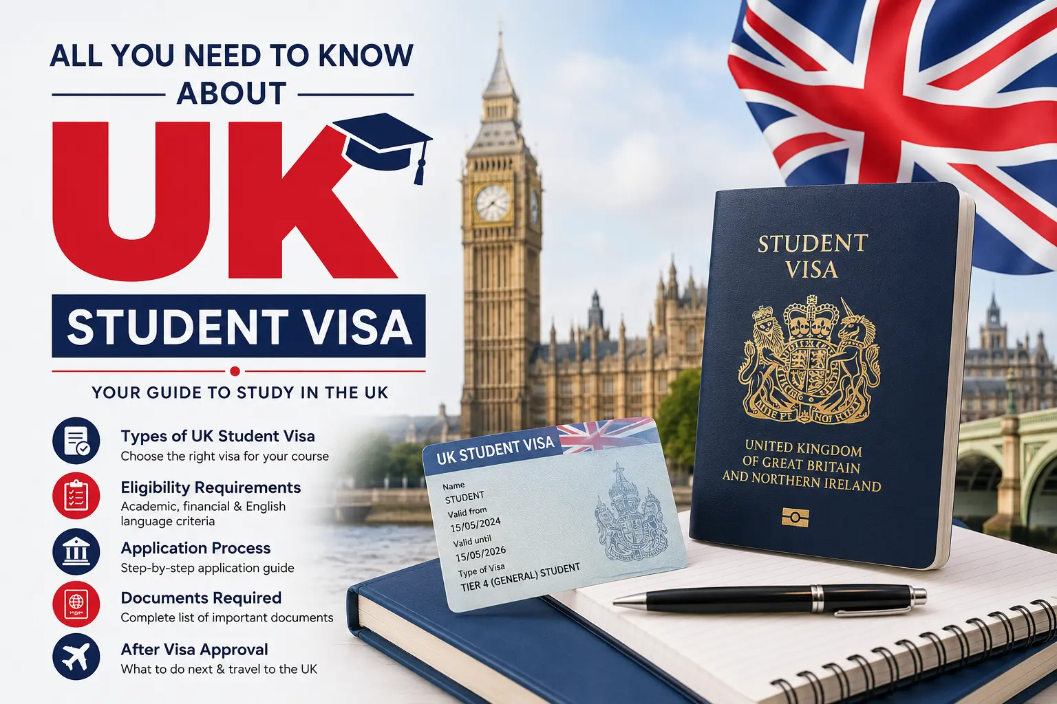 All You Need To Know About UK Student Visa – UK student visa guide with passport, visa card and Big Ben